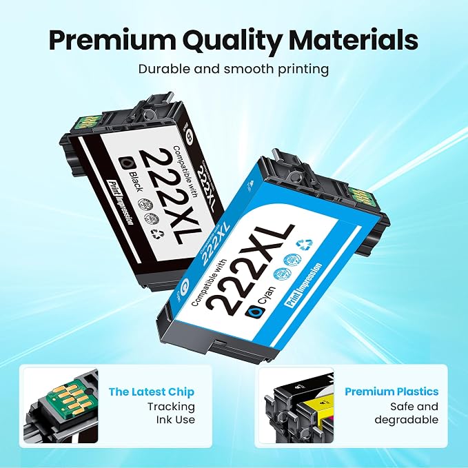 Remanufactured Replacement for 222XL Ink Cartridges for Epson Printer 5-Pack for Epson 222XL Ink Cartridges Combo Pack for Epson 222 Ink Work for Workforce WF-2960 Expression XP-5200 Printer