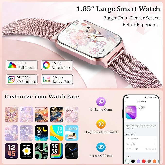 Smart Watch Women Men, 1.85’’ Reloj Inteligente para mujer hombre, Make/ Answer Call, Health Monitor/Blood Pressure, 110+ Sports Modes, Voice Control, IP68 Waterproof Compatible with Android & iPhone