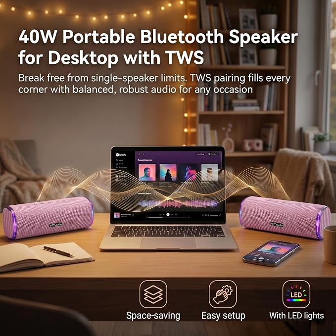 40W Bluetooth Shower Speaker, IPX7 Waterproof Floating Pool Speaker with Interactive Tap-to-Play Drum Beats, RGB Sync Lights, Built-in Mic for Hands-Free Calls, Pink