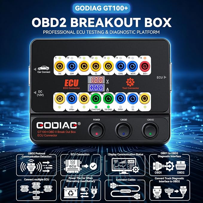 GODIAG GT100+ OBD2 Breakout Box, 16-Pin Automotive ECU Connector Scan Tool for Bench Testing and CAN Bus/K-LINE Signal Testing