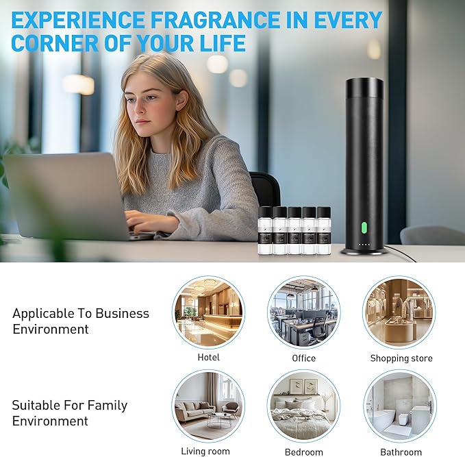 Waterless Scent Diffuser Starter Kit - 1000 Sq Ft Coverage, Hotel Scent Diffuser, Essential Oil Diffuser for Home & Large Room, Included 5 Scent Oils, Remote Control, Black, 11In