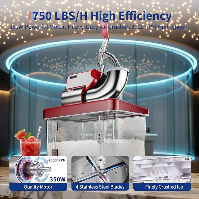 Commercial Ice Crusher 661LBS/H, 300W Electric Snow Cone Machine with 4 Stainless Steel Blades, 1450RPM, 8.98Gal Hopper Shaved Ice Maker with Safety On/Off Switch for Home, Restaurants, Bars, Red