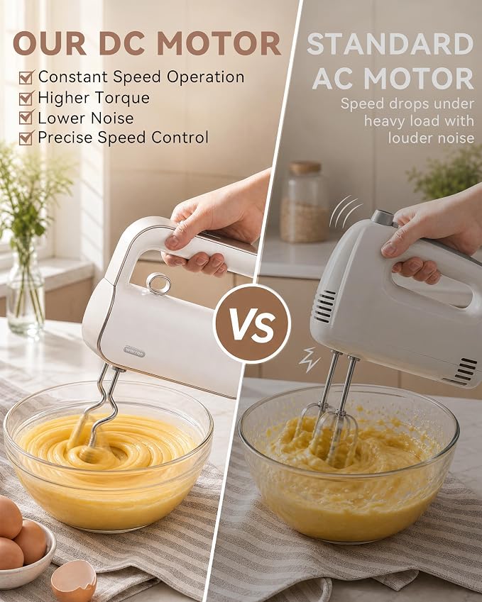 Master 4-in-1 Electric Hand Mixer with Turbo Boost, Stainless Steel Whisk, Beaters, Dough Hooks & Milk Frother, Lightweight Handheld Mixer for Baking & Coffee, Champagne Gold