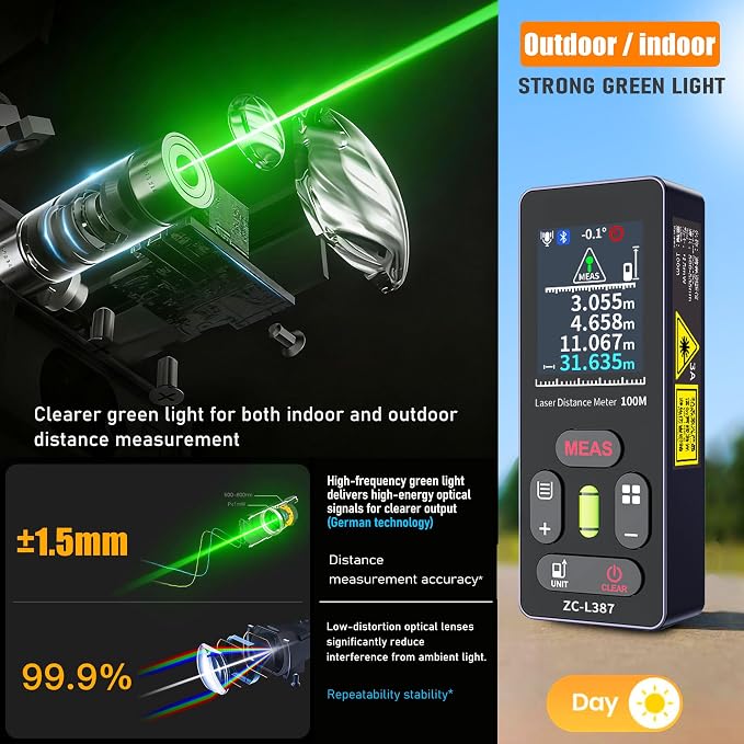 ZC-L387 Laser Measuring Tool 328Ft /100m Dual Green Laser Rangefinder Green Crosshair Laser Measuring Tool Backlit LCD Display Rechargeable Laser Rangefinder/Length/Volume/Area/Voice (m/Ft/in)