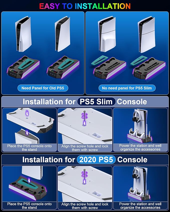 PS5 / PS5 Slim Cooling Station with Controller Charging Station - LED Light Cooling Stand for Playstation 5 Slim Disc/Digital Console, Accessories Incl RGB Light/Cooler Fan/3 USB Hubs/Headset Holder