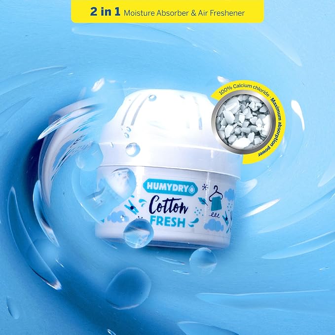 HUMYDRY Moisture Absorber Device, Mini Pack of 12 2.6oz, Up to 4-6 Weeks Humidity Control, Fights Summer Humidity, Small Space Dehumidifier & Air Freshener, Fresh Cotton Scent, Non Electric