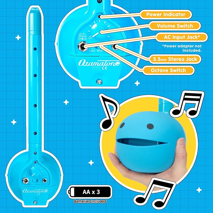 Otamatone Deluxe Blue – Electronic Musical Instrument for Adults, Portable Digital Synthesizer with 3.5mm Aux Jack and Strap from Japan by Maywa Denki, Cool Unique Gift [English Manual]