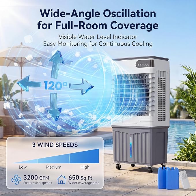 3600 CFM Swamp Cooler, Portable Evaporative Air Cooler with 13.5 Gal Water Tank, 4 Ice Packs, 120° Oscillation, 3 Speeds, 12H Timer, Remote Cooling Fan for Garage Patio,Large Room