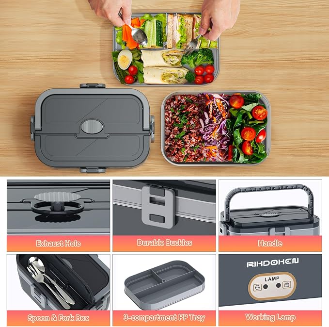 RIKDOKEN 80W Faster Larger Electric Lunch Box Heater 2.8L Double Layers for Car Truck Work Home, 12V 24V 110V Portable Stainless Steel Food Warmer, Leak-proof Lunch Heater with Bag, Spoon, Fork