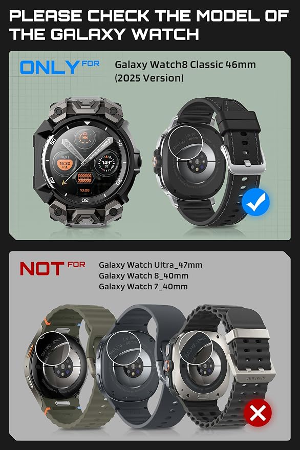 SUPCASE for Samsung Galaxy Watch 8 Classic 46mm Case with Band (Unicorn Beetle Ore), [2 Pack Screen Protector] Rugged Protective Cover with Adjustable Strap Band, Black