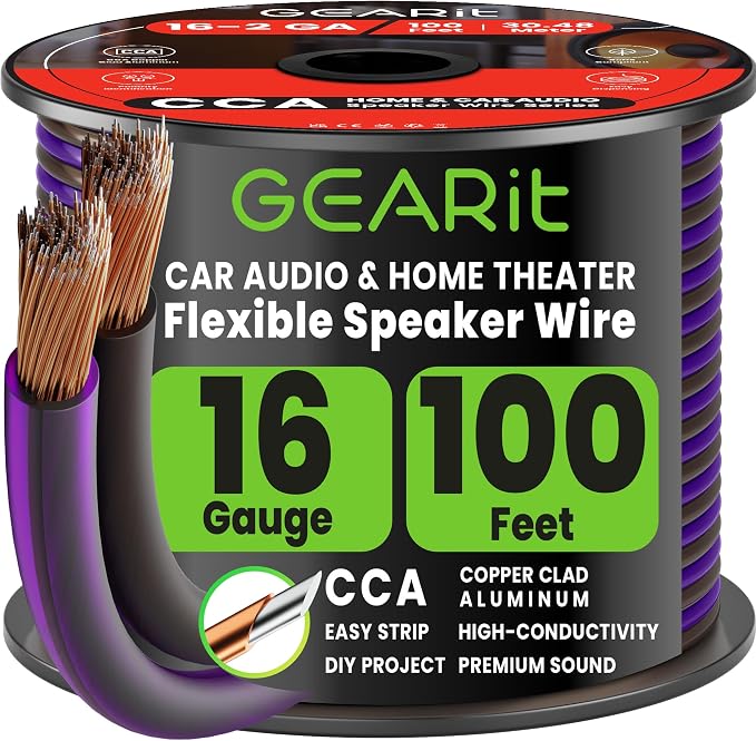 GEARit 16 Gauge Speaker Wire 100 ft,16 Gauge Wire with Foot Markers & Polarity Markings,Flexible Speaker Cable for Car Audio & Home Theater Speakers,Audio Cable for DIY Installations,CCA(Black Purple)