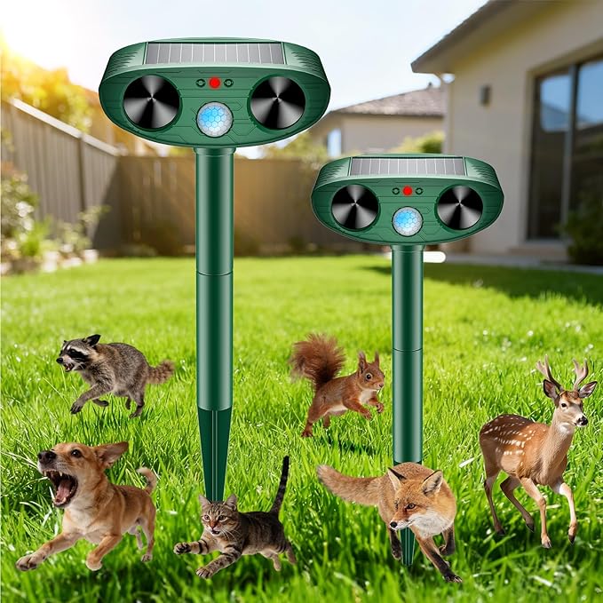 2026 Upgraded Solar Ultrasonic Animal Repellent Outdoor Deer Cat Repellent with Motion Sensor Flash Light, IP65 Waterproof Repeller Keep Rodent Squirrel Raccoon Opossum Skunk Out of Yard Farm