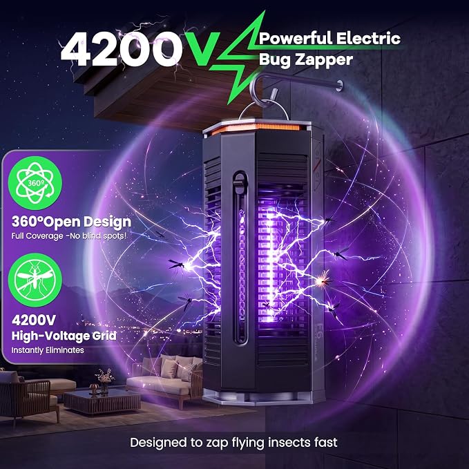 4200V Electric Bug Zapper, Dual-Mode Mosquito & Fly Zapper Indoor Outdoor, IPX5 Waterproof Plug-in Insect Trap for Patio, Backyard, Camping - Advanced Grid Design for Home