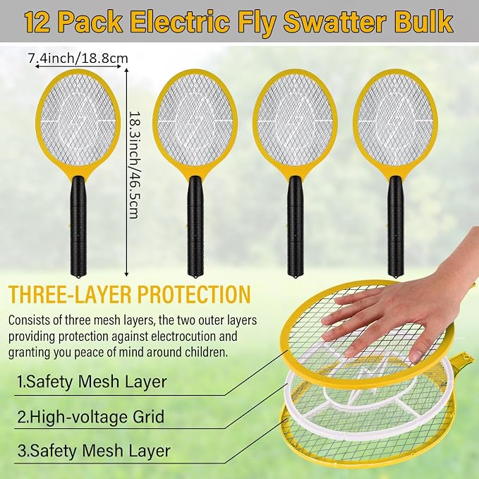 12 Pack Electric Fly Swatter Bulk Bug Zapper Rackets for Indoor Outdoor Insect Control Killer Bat Handheld Mosquito Swatter Battery Powered Electric Bug Killer for Home Patio Camping (Yellow)