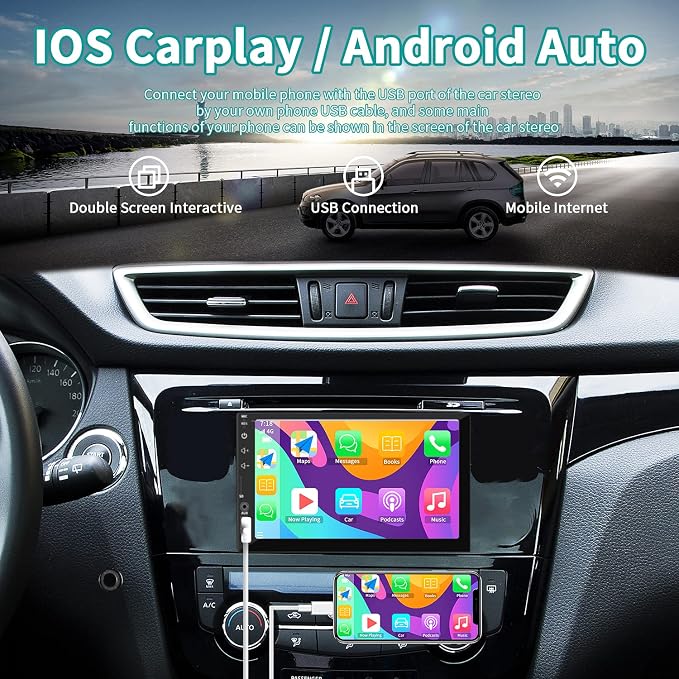 Double Din Car Stereo with 7 Inch Touchscreen, Radio Audio Receiver, Compatible with Wired Apple CarPlay & Android Auto, Mirror Link Support, Bluetooth Hands-Free, Backup Camera, FM/USB/TF/AUX, 12V