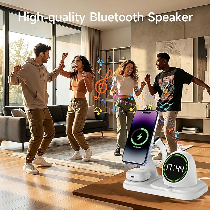 6 in 1 Wireless Charger Charging Station : Compatibility for iPhone 17 16 15 14 13 Pro Max Apple Watch, Charger Stand for Apple Devices, with Wireless Speaker and Digital Clock Ambient Lights (White)