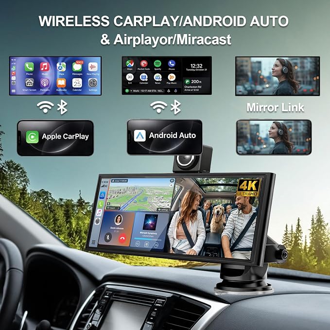 Wireless Carplay Screen for Car,10.26" Portable Apple Carplay and Android auto，4K Dash Cam with Rotatable Lens, 1080P Backup Camera, GPS Navigation, Mirror Link, Siri & Voice Control