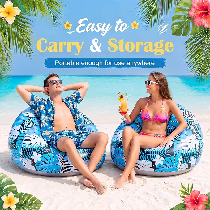 Capoda 1 Pack Hawaiian Inflatable Chair with Electric Air Pump, Tropical Leaf Blow Up Sofa for Adults, Portable PVC Lounge Seat for Beach Pool Camping Dorm Reading Gaming Travel Indoor Outdoor, Blue