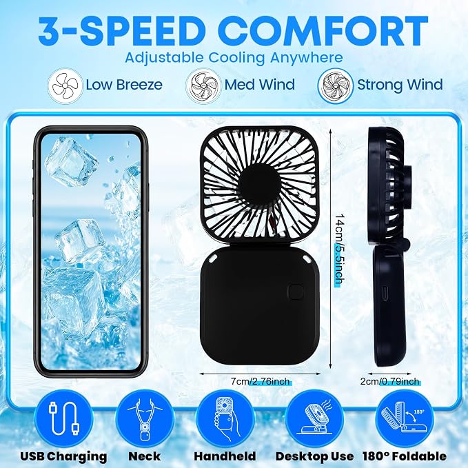 Reallnaive 6 Pcs Skinny Tumbler Bulk and Mini Portable Fans Set for Summer, 16 oz Plastic Cups with Lids Straws and Small USB Rechargeable Handheld Fan for Cooling Gift (Black)