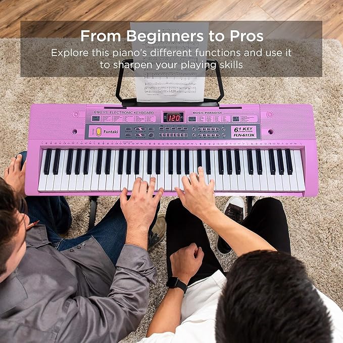 61 Key Electronic Keyboard Piano with Lighted Up Keys, Musical Mini Keyboard Piano with keyboard stand, Digital Portable Synthesizer Keyboards for Beginners Kids Adults (pink)