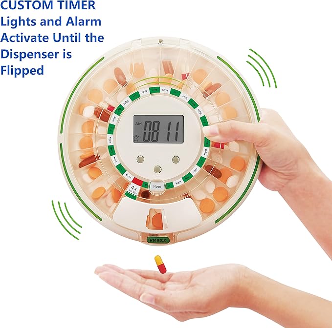 Automatic Pill Dispenser with Flashing Light, Sound, Alarm and Safety Lock, 28-Day Electronic Medication Organizer – Dispense Vitamins and Tablets Up 6 Times/Day – Easy Read Display (Clear)