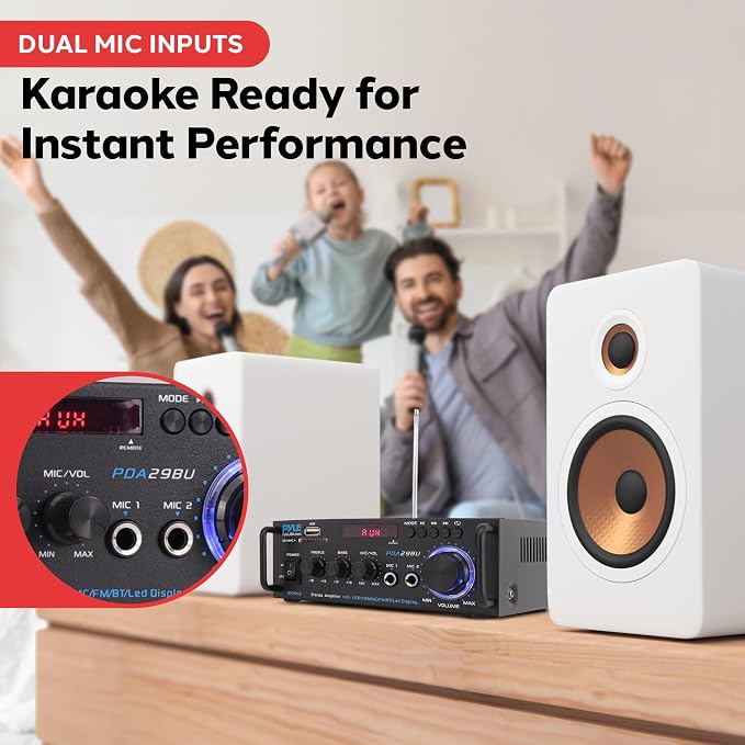 Pyle 200W Stereo Power Amplifier with Bluetooth - Dual Channel Audio Receiver - LED Display - RCA - USB - SD - MIC IN - FM Radio - AUX Input - Perfect for Home & Computer Audio - PDA29BU.5