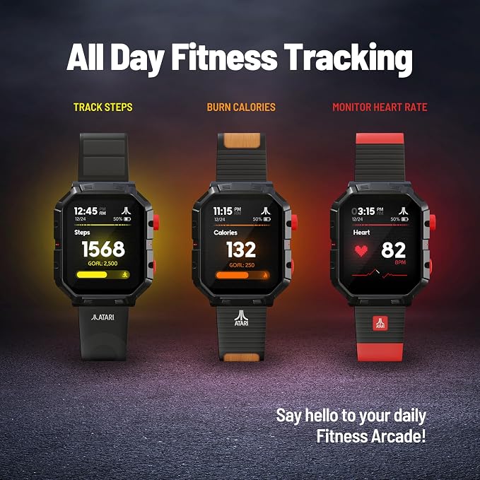 Atari 2600, Retro Gaming Smart Watch with Selective Tech, All Day Fitness Tracker, Built-in Centipede™, Pong™, Missile Command™, Super Breakout™, IP68 Water Resistant