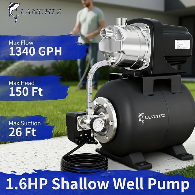 LANCHEZ Shallow Well Pump, Stainless Steel Garden Irrigation Pump, 115V Water Transfer Pump, Water Booster Jet Pump for Home Garden Lawn Farm, Glossy black