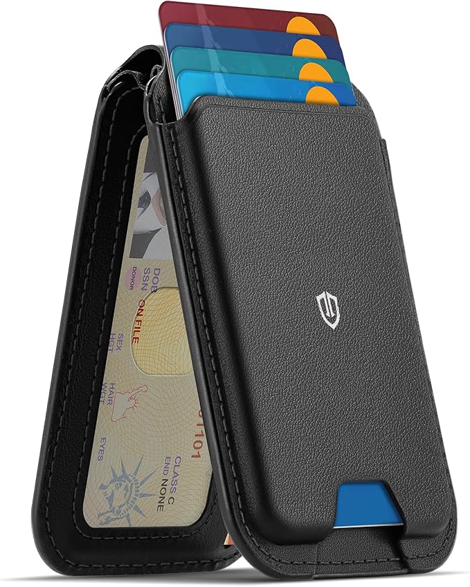 SHIELDON Genuine Leather Strong Magnetic Wallet for MagSafe, Phone Wallet Stand for Men Women, 6 Card Holders, Angle Adjustment, RFID Blocking, Compatible with iPhone 17/16/15/14/13/12 Series - Black
