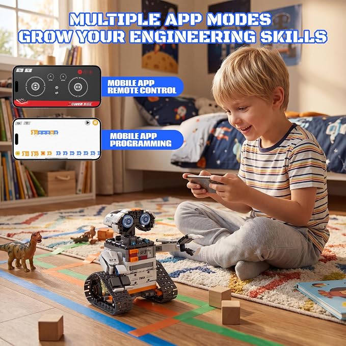 HPROMOT 5-in-1 STEM Coding Robot Building Kit, 688 Pcs APP & Remote Control Programmable Tracked Blocks, Screen Free Engineering Toy, Holiday Birthday Gift for Kids Boys Girls Ages 8–16