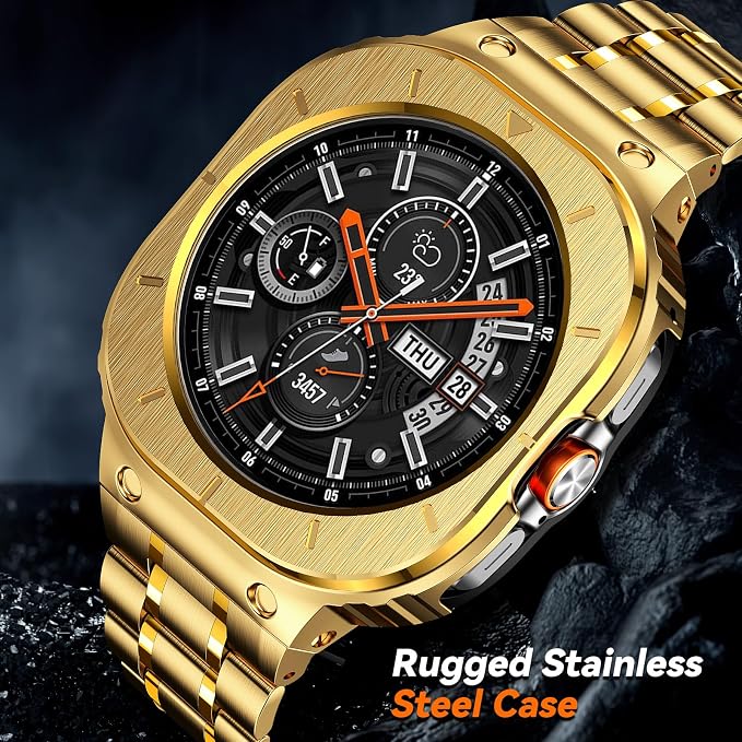 BAITEYOU Stainless Steel Bands with Case Compatible with Samsung Galaxy Watch Ultra 2/1 47mm (2025 2024), Rugged Protector Cover Metal Band for Galaxy Watch 7 8 Ultra for Men (Gold)