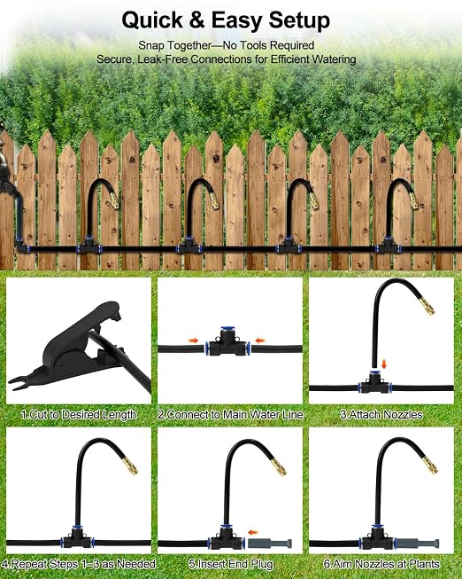 Upgraded 5/16" Drip Irrigation Kit (100FT), High-Flow Garden Watering System with 16 Bendable 360° Brass Misting Nozzles, Quick-Push Connectors & Leak-Proof Design for Patio, Greenhouse & Flower Beds