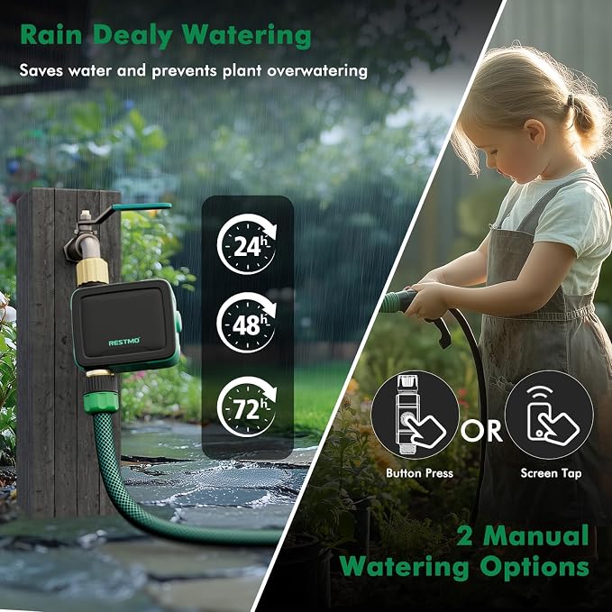 RESTMO WiFi Smart Sprinkler Timer with APP Remote Control for Garden Hose | 1-Zone, Built-in flow meter, 2.4GHz WiFi connection, automatic drip irrigation for lawn & outdoor yard