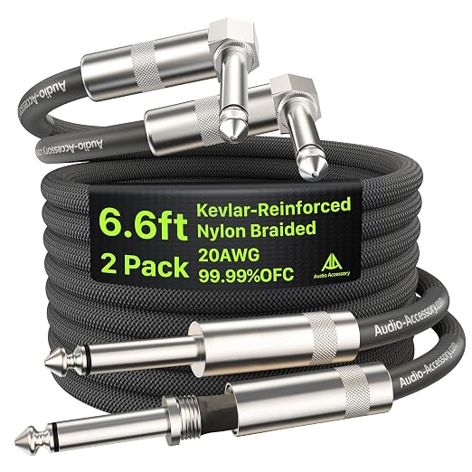 AA AUDIO ACCESSORY Right Angle Guitar Cable 6.6ft 2 Pack, Nylon Braided Anti-Kinking Kevlar-Reinforced, 20 AWG 99.99% OFC 1/4 Instrument Cable, AL & OFC Shielded Guitar Cord for Fender Electric Guitar