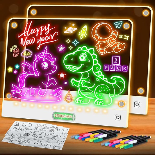2 Pack Rechargeable LED Drawing Board for Kids with Tracing Pages, Lumi Board Magnetic Light Up Acrylic Dry Erase Board, LED Note Board, Birthday Gifts Toy for Kids/Girls