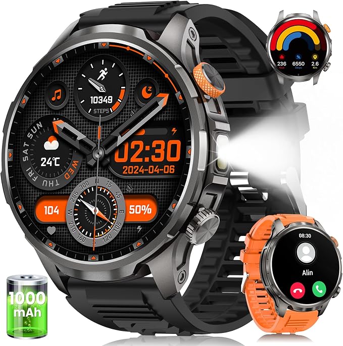 Smart Watches for Men(100 Days Battery/Flashlight), 5 ATM Waterproof Military Smart Watch with Heart Rate/Sleep/SpO2/Calling/110+ Sports Mode, Rugged Men's Fitness Tracker Watch for Android iPhone