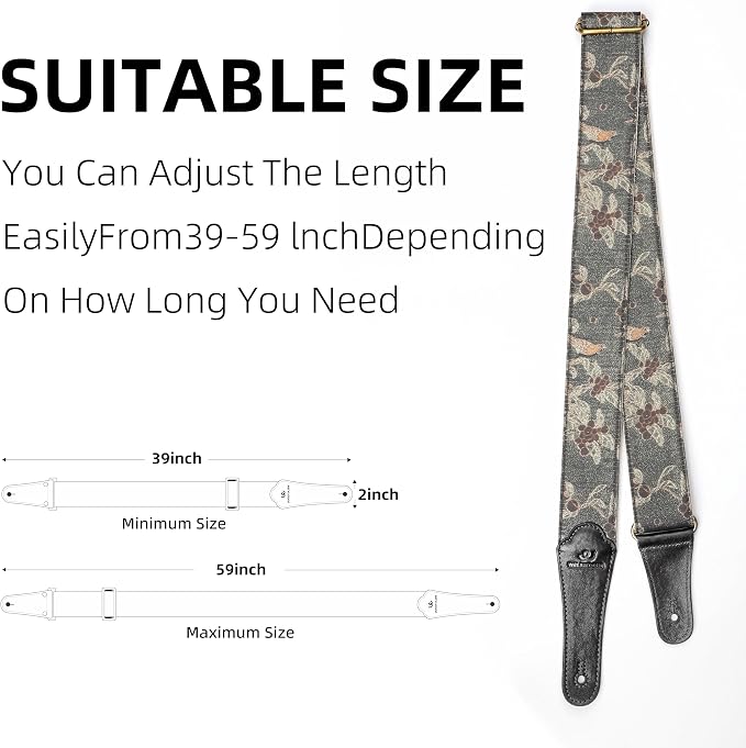 Guitar Strap, Electric& Acoustic Bass Guitar Straps,Embroidered Filament with Head Cowhide Leather Strap, with Free Strap Button,2 Guitar Strap Locks，4Guitar Pick (Flowers and Birds)