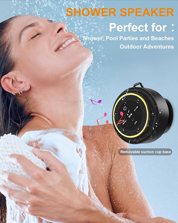 Bluetooth Shower Speaker, Portable Bluetooth Speakers, IP67 Waterproof Wireless Speaker with Suction Cup & Carabiner, Built-in Mic, True Wireless Stereo for Kayak, Beach, Gifts for Unisex