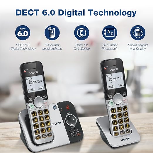 VTech Cordless Phone with 3 Handsets — Big Buttons, Large Backlit Display, Answering Machine, DECT 6.0, Intercom, Call Transfer, Easy to Use | VG232-3
