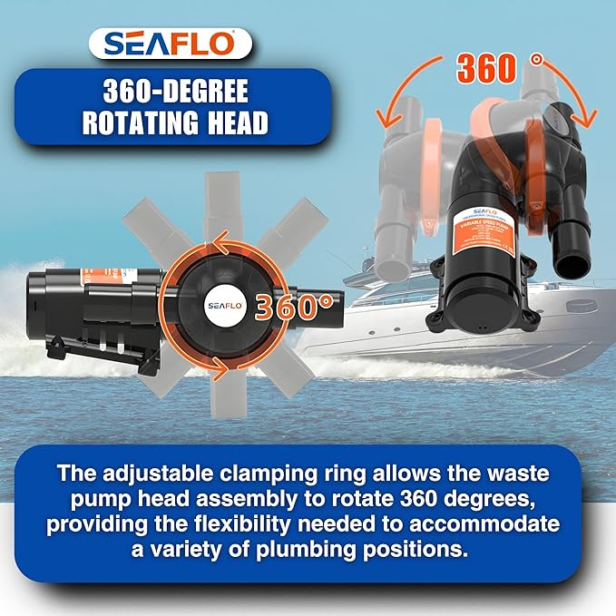 SEAFLO 12V Diaphragm 5.0 GPM Waste Pump – 360-Degree Rotating Head, 4-Year Warranty for Marine, RV, Camper, Boat