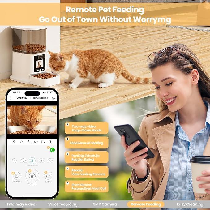 Automatic Cat Feeders, 5L Timed Cat Dry Food Dispenser, 5G WiFi Pet Feeder with 2-Way Audio, 10s Voice Recorder, Equipped with Screen and bidirectional Video Function, (White)