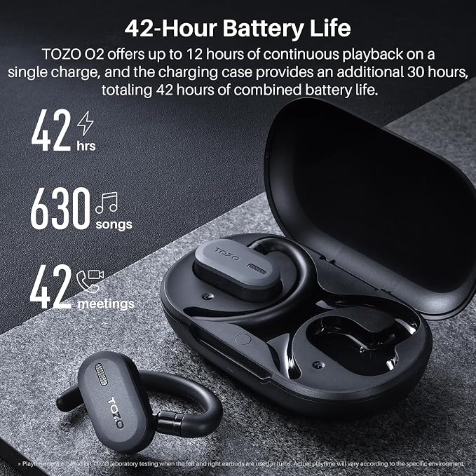 TOZO O2 True Open Ear Wireless Earbuds with Multi-Angle Adjustment, Bluetooth 5.3 Headphones with Bass Sound, Crystal-Clear Calls, 42 Hrs Playtime, Long-Lasting Comfort for Work, Driving, Sport Black