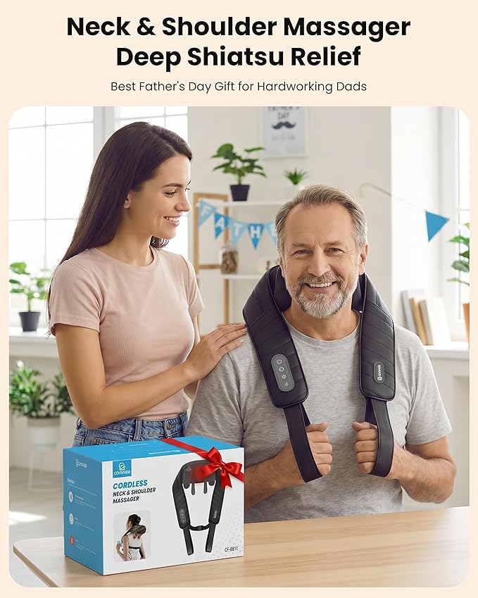 COMFIER Cordless Neck Massager with Heat, 4D Kneading Shiatsu Neck and Shoulder Massager Deep Tissue, Hands-Free Straps, FSA Eligible HSA, Father Day Gift for Dad