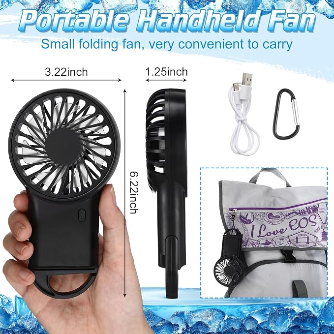 VIHOSE 4 Pcs Portable Hanging Fan, 3 Speeds Personal Rechargeable Desk Hand Held Small Fan with D Metal Hook for Cooling Small Personal Hands Outdoor Travel (Black)