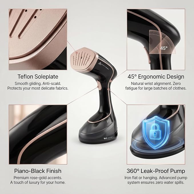 Clothes Steamer 1500W, Portable Steamer for Clothes with 20s Fast Heat, Large Detachable Tank, 3 Steam Modes, LED Display, Leak-Proof Travel Steamer, Handheld Steam Cleaner for Home and Travel (Black)