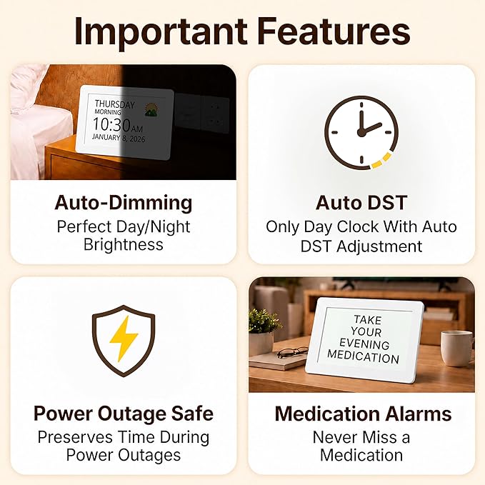 Robin Clock 2026 with Day and Date for Elderly, Clocks for Seniors, Dementia Clock, Digital Calendar Elderly, Bedside Clocks Seniors, Alzheimers Products, Dementia Clocks Large, White