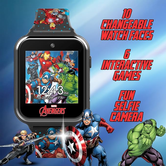 Marvel Avengers Interactive Kids Smartwatch – Touchscreen Watch with Games, Camera, Voice Recorder, Step Tracker, Timer & Alarm – 10 Watch Faces, USB Rechargeable – Fits Wrists 5.5" to 8"