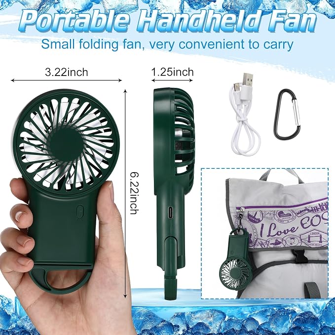 VIHOSE 4 Pcs Portable Hanging Fan, 3 Speeds Personal Rechargeable Desk Hand Held Small Fan with D Metal Hook for Cooling Small Personal Hands Outdoor Travel (Dark Green)
