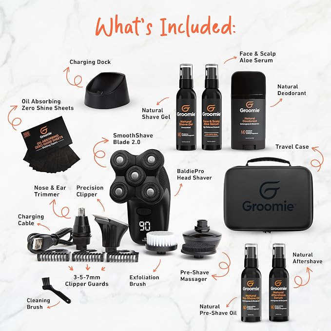 Groomie Mens Grooming Bundle - BaldiePro Electric Head Shaver for Bald Men Includes Travel Case, Charging Dock & Accessory Kit - Deodorant, Scalp & Face Serum, Shave Gel, Aftershave, Pre-Shave Oil