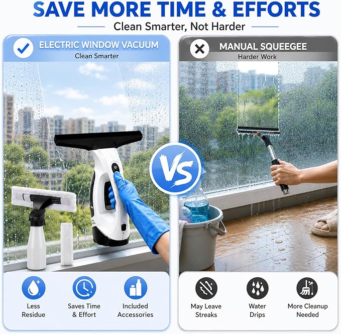 Window Vacuum Squeegee Cordless, Electric Window Cleaner Squeegee with 2000Pa Suction, 280mm Wide Blade, 150ml Tank for Shower Glass, Mirrors, Tiles & Car Windows